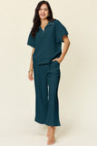Double Take Full Size Texture Half Zip Short Sleeve Top and Pants Set 