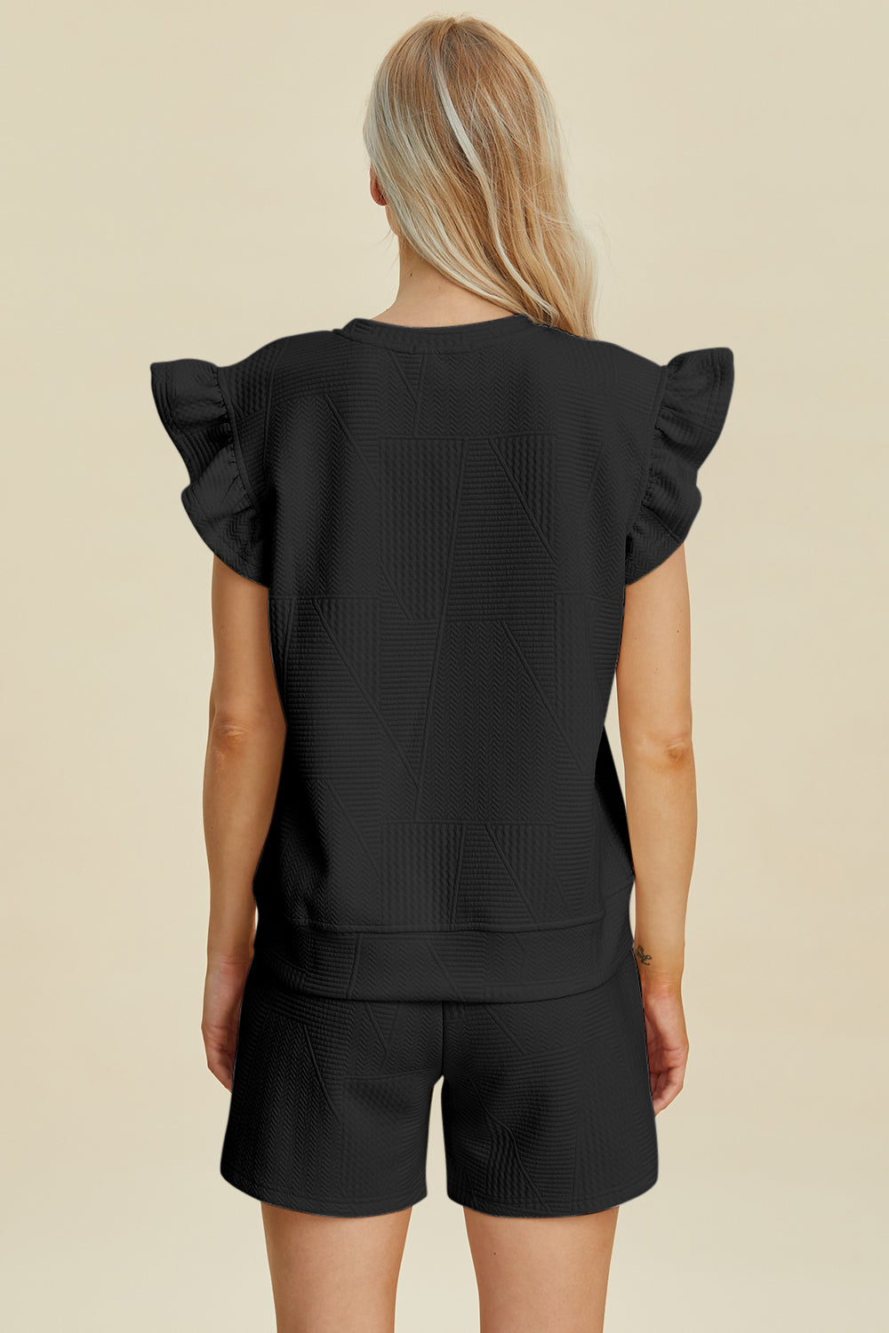 Double Take Full Size Texture Round Neck Ruffle Sleeve Top and Shorts Set 