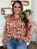 Double Take Full Size Printed Ruffle Trim Balloon Sleeve Shirt 