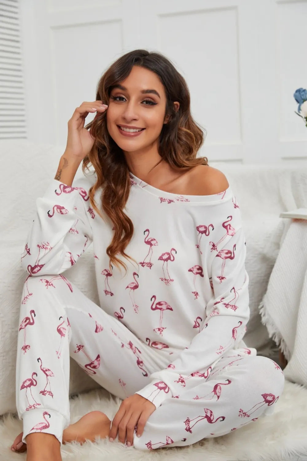 Flamingo Long Sleeve Top and Pants Lounge Set Lingerie & Nightwear