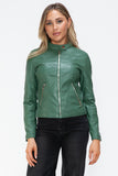 Snobbish Faux Leather Zip Up Drawstring Hooded Jacket 