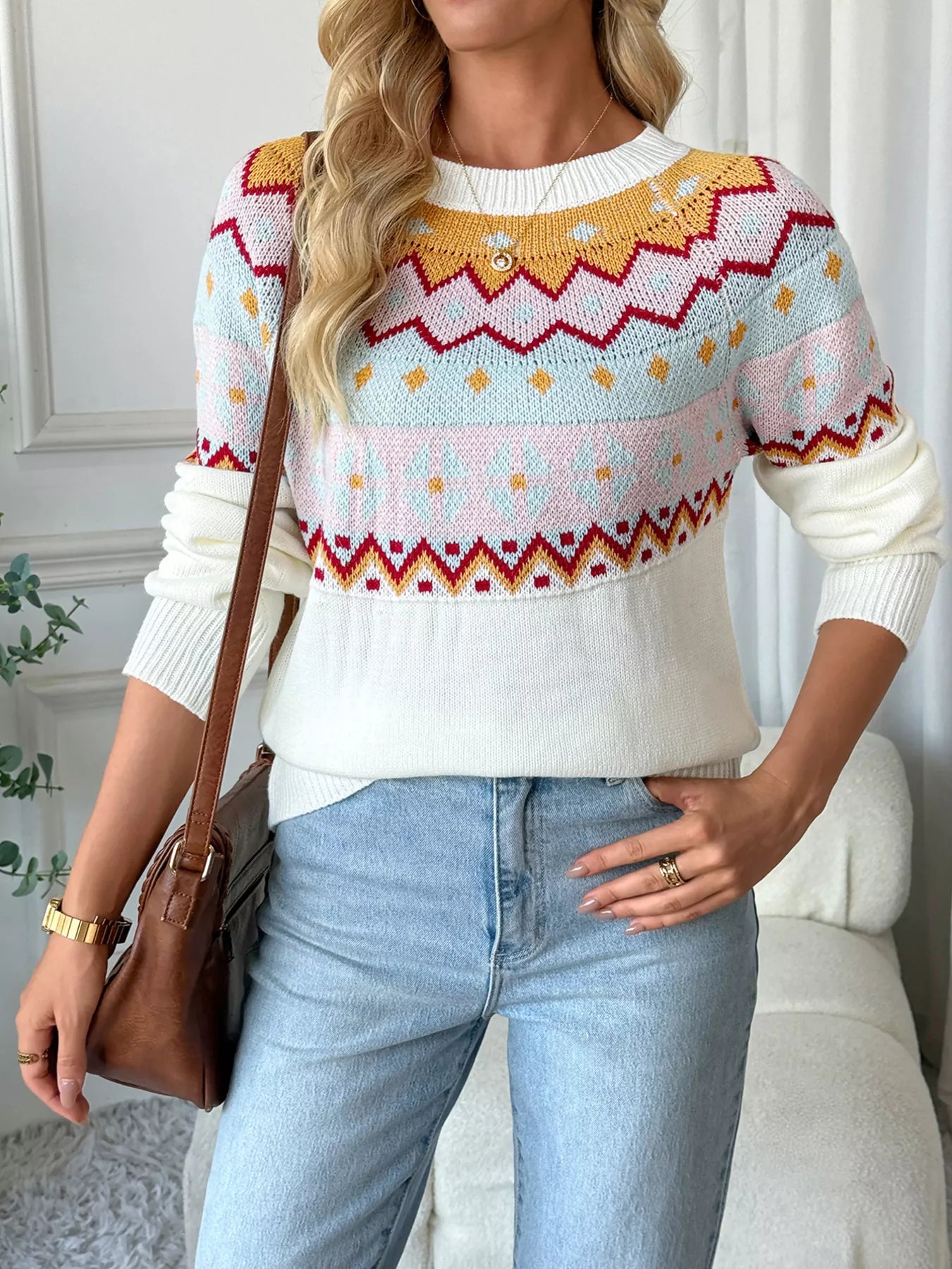 Contrast Round Neck Long Sleeve Sweater 