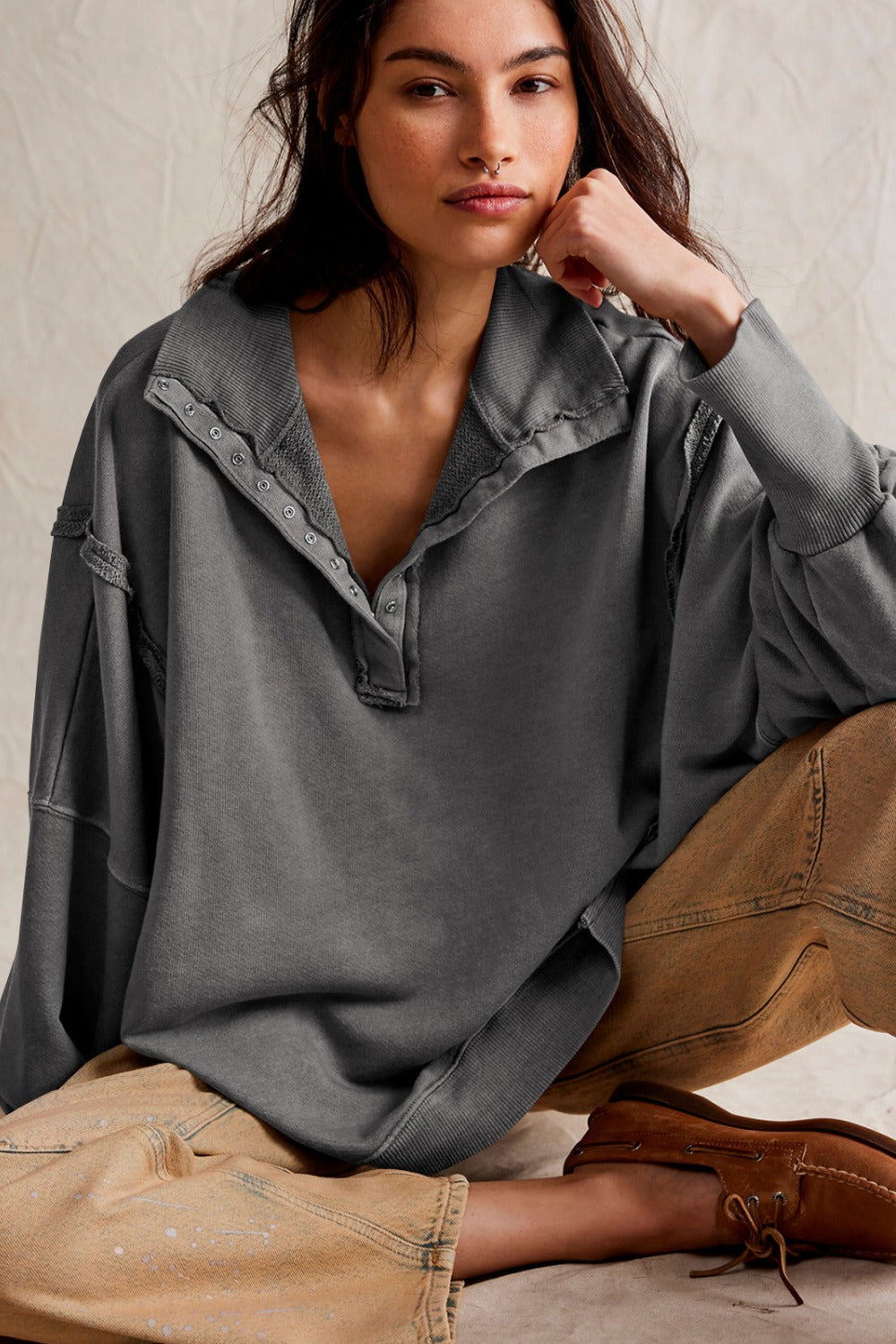 Exposed Seam Side Slit Long Sleeve Sweatshirt 