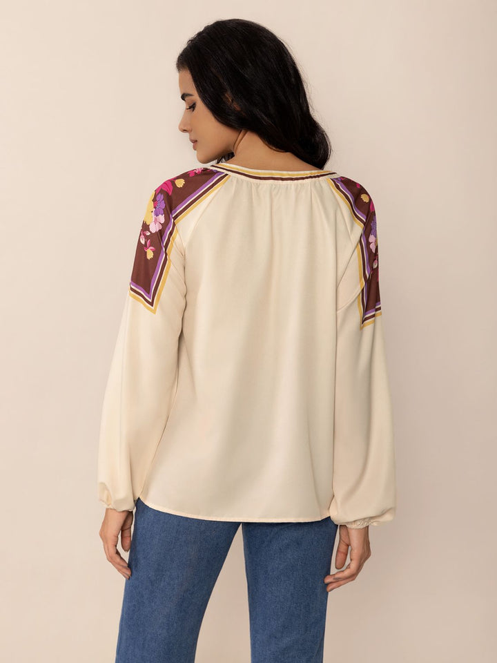 Printed Notched Long Sleeve Blouse 