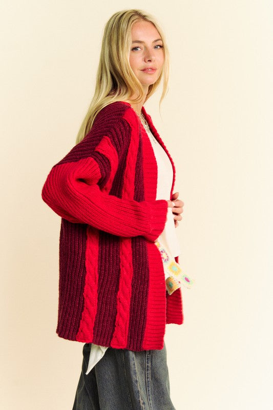 Davi & Dani Cable-Knit Color Block Open Front Cardigan 