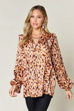 Double Take Full Size Printed Ruffle Trim Balloon Sleeve Shirt 