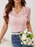 Lace Scalloped V-Neck Eyelet T-Shirt