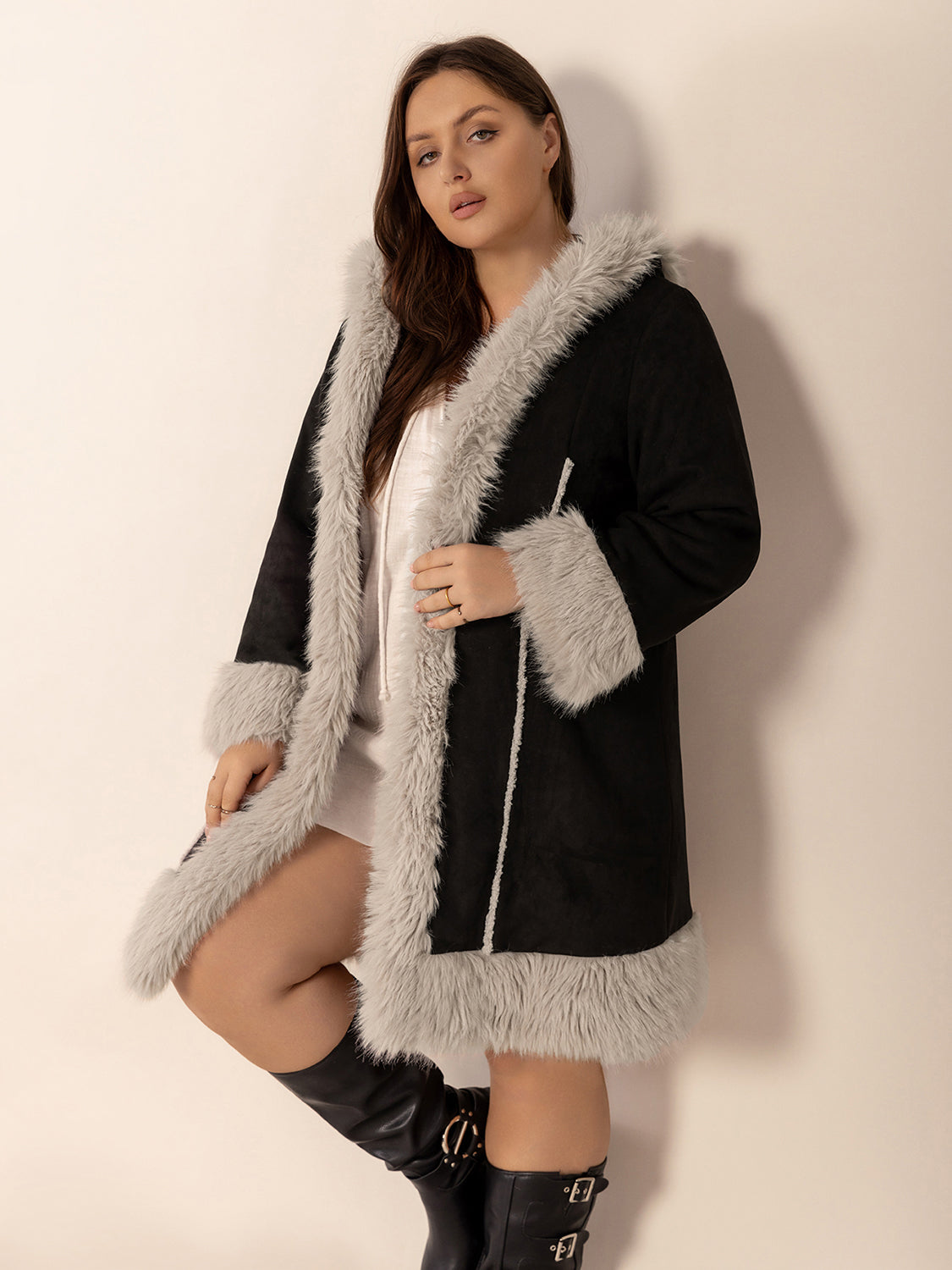 Plus Size Fuzzy Trim Open Front Long Sleeve Hooded Coat 