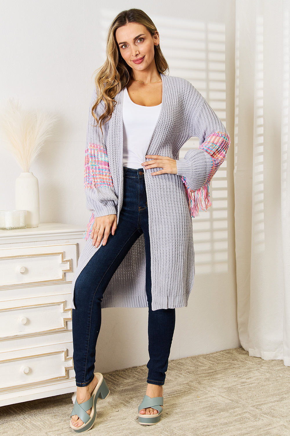 Woven Right Fringe Sleeve Dropped Shoulder Cardigan 