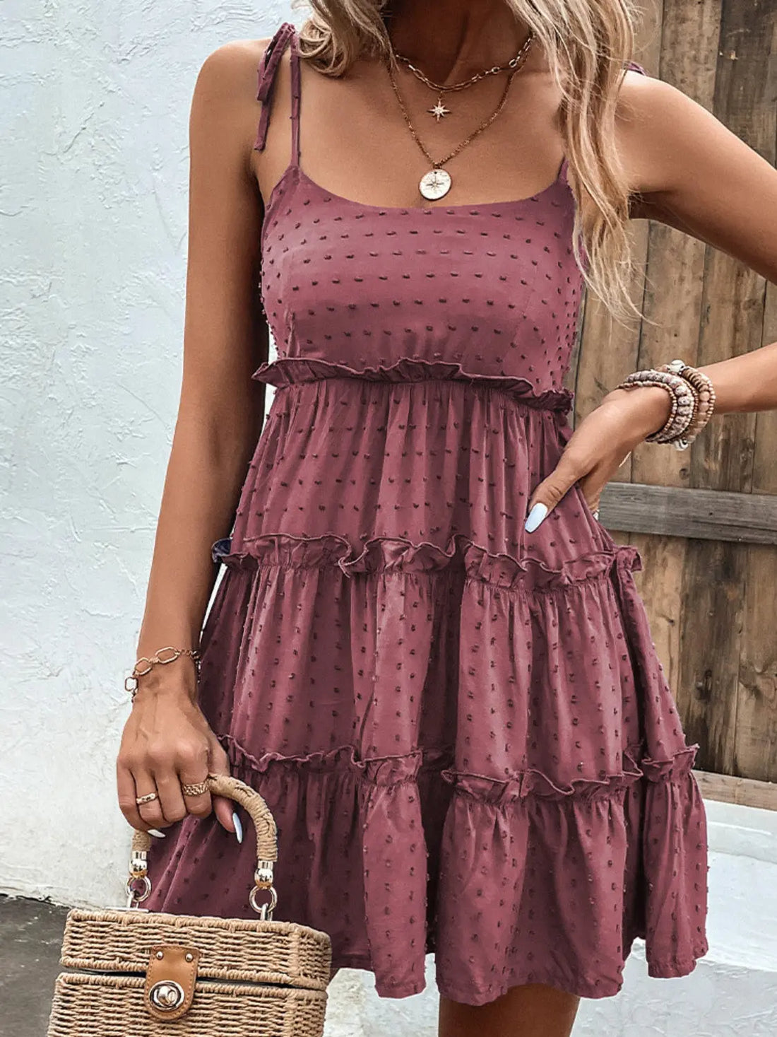 Shiny Frill Spaghetti Strap Tiered Dress 