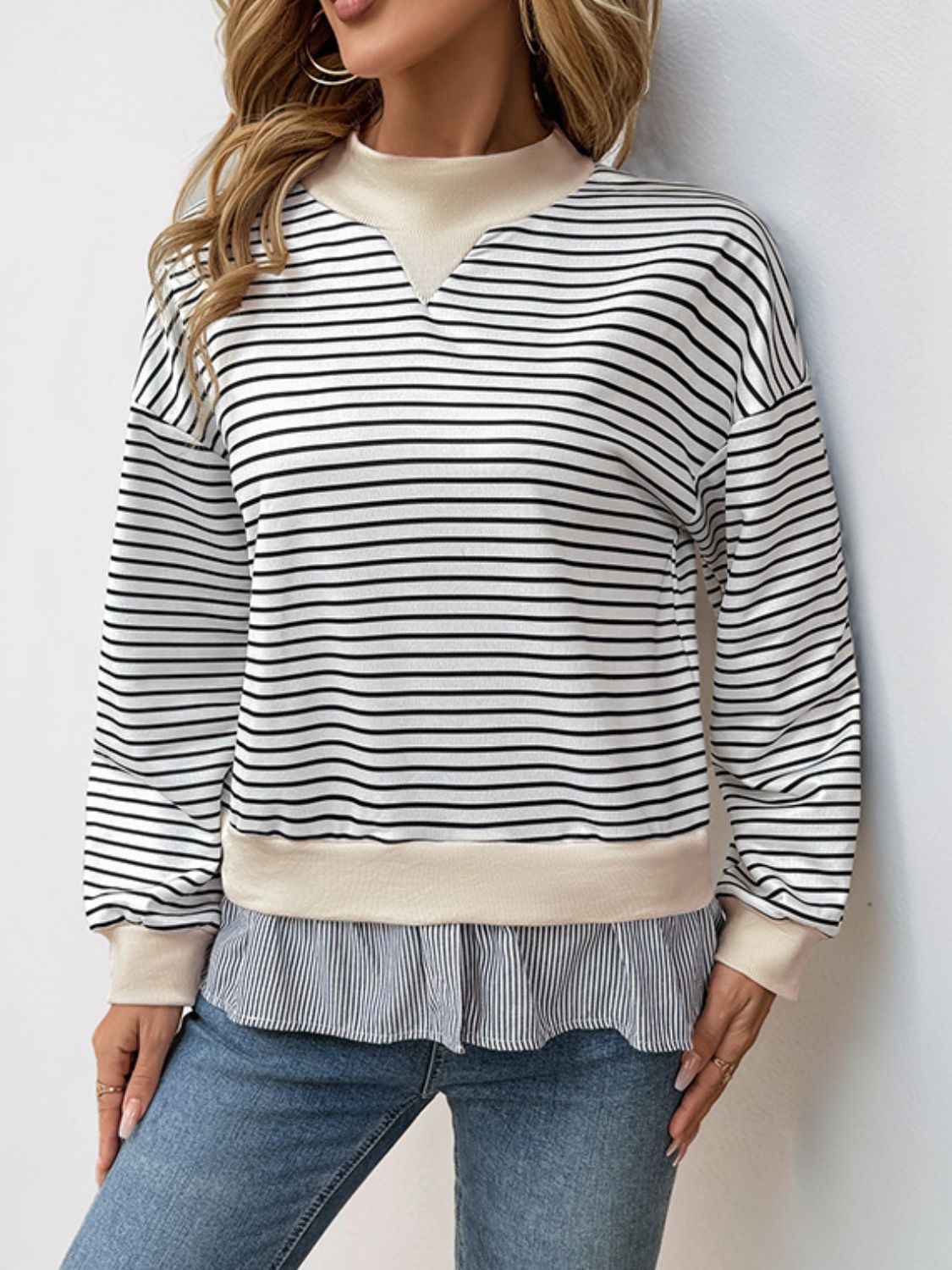 Perfee Faux Layered Striped Long Sleeve Sweatshirt 
