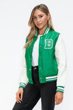 Love Me Now PU Leather Contrast Snap Down Bomber Jacket 