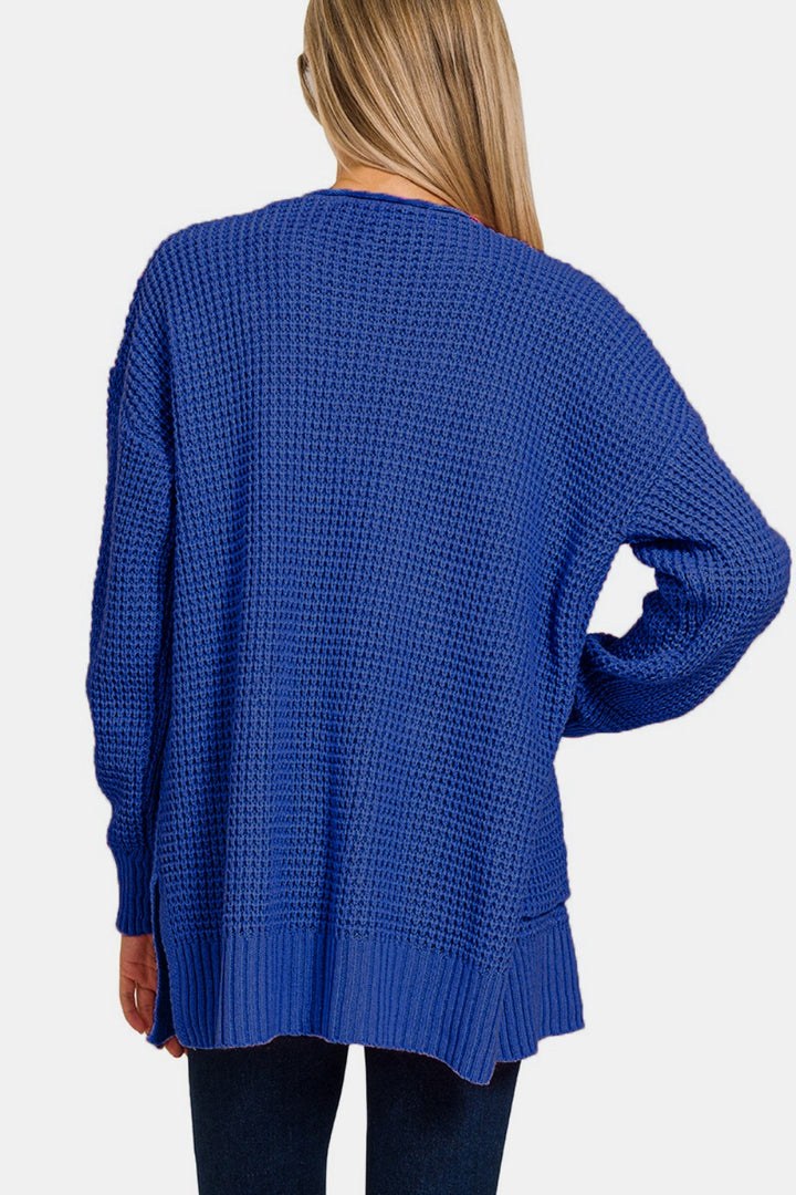 Zenana Waffle Open Front Sweater Cardigan 