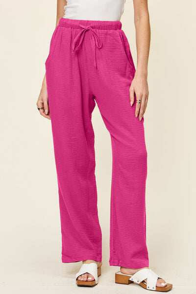 Double Take Full Size Texture Drawstring Straight Pants 