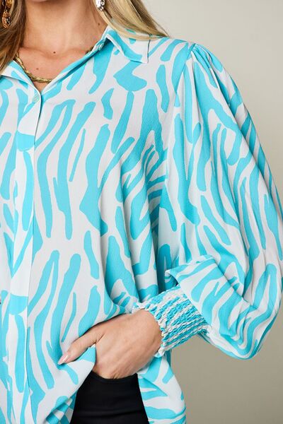 Double Take Full Size Printed Smocked Long Sleeve Blouse 