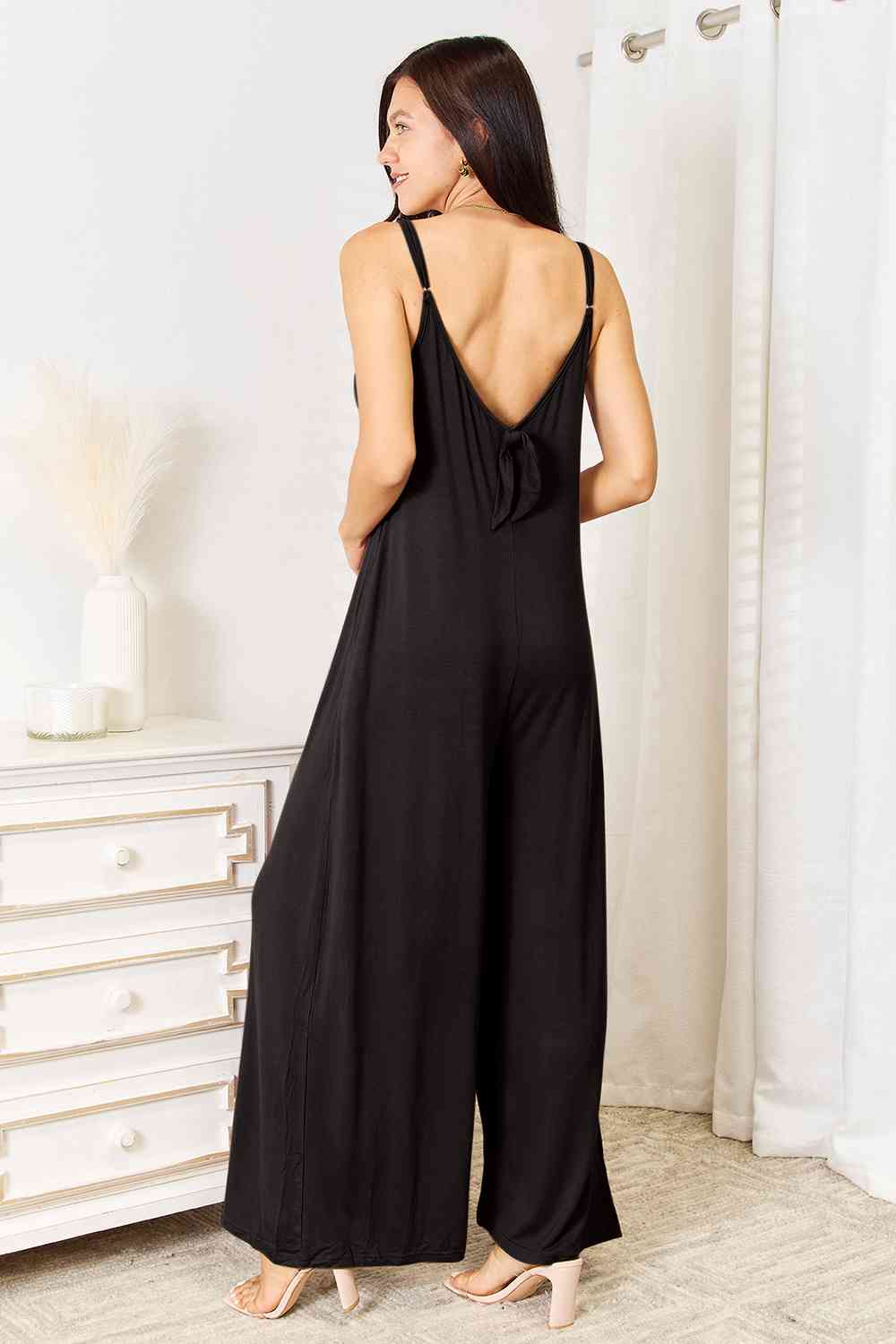 Double Take Full Size Soft Rayon Spaghetti Strap Tied Wide Leg Jumpsuit 