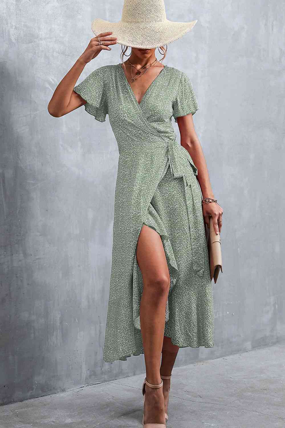 Floral Surplice Neck Tied Midi Dress Dresses