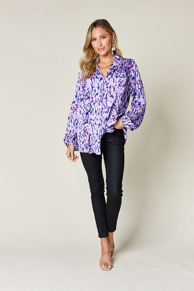 Double Take Full Size Printed Ruffle Trim Balloon Sleeve Shirt 