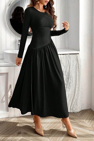 Ruched Round Neck Long Sleeve Dress Dresses