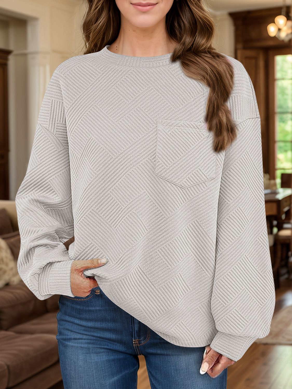 Full Size Texture Round Neck Long Sleeve Sweatshirt 