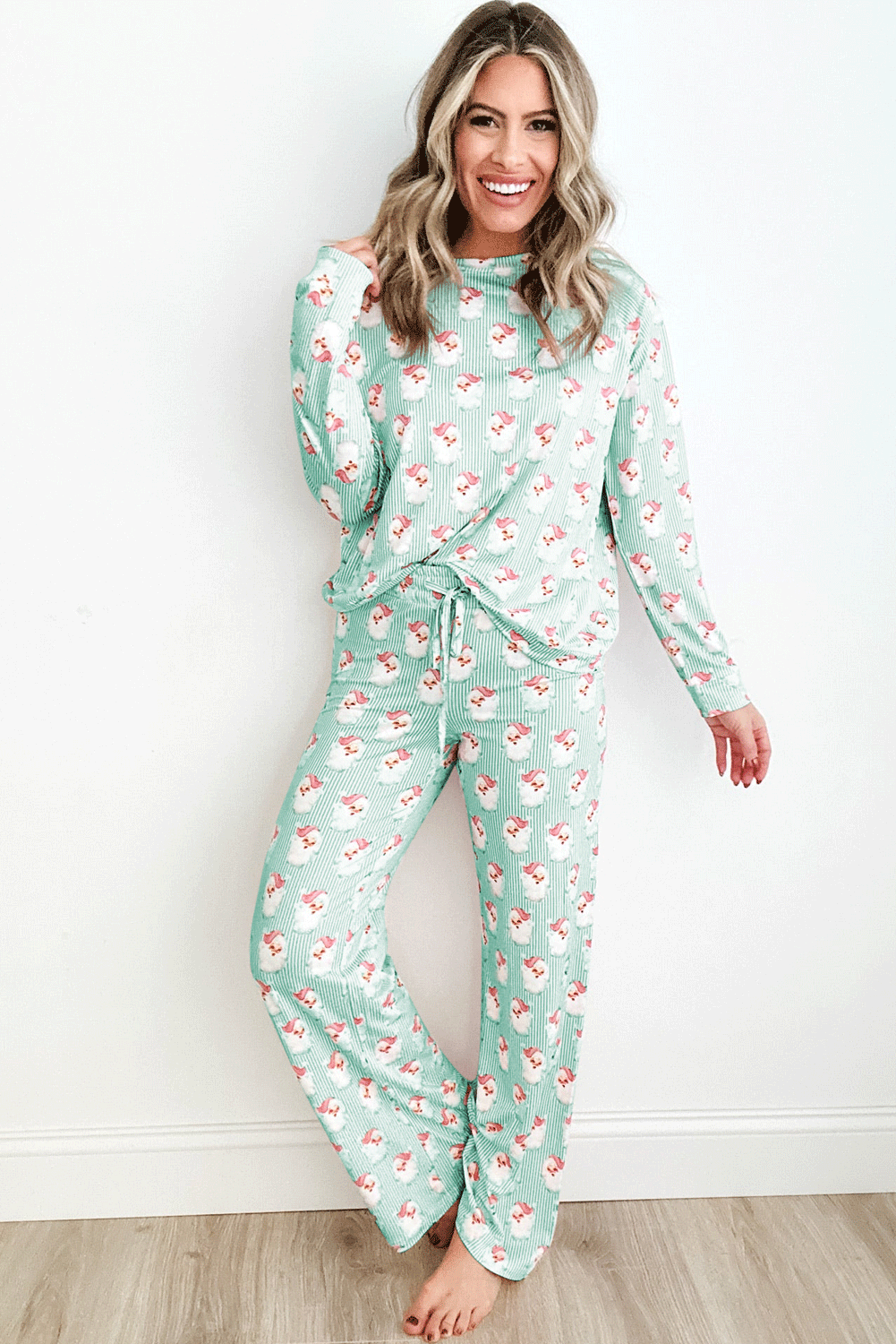 Santa Print Long Sleeve Top and Pants Lounge Set 