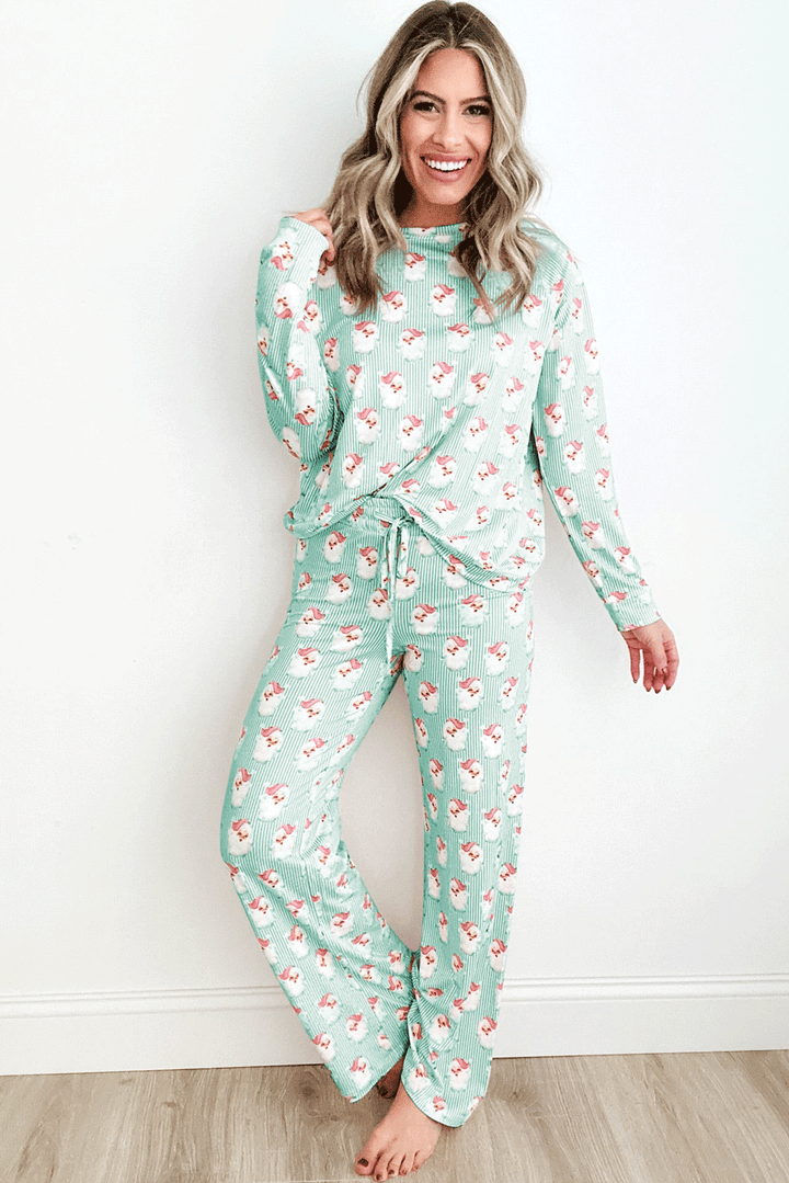 Santa Print Long Sleeve Top and Pants Lounge Set 