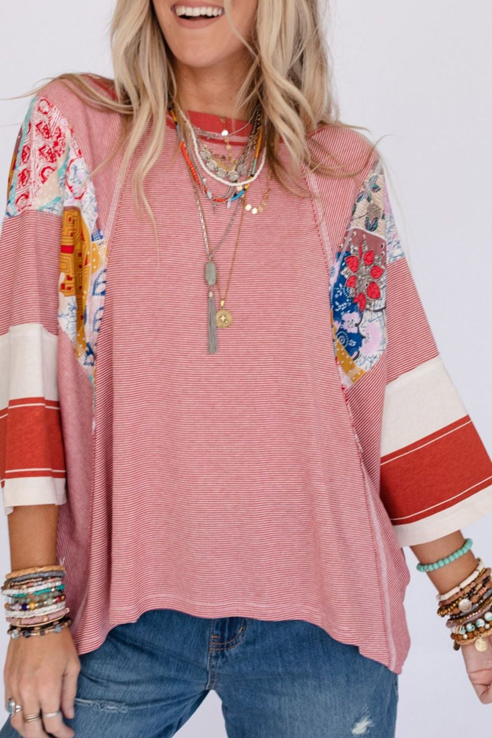 Striped Floral Patchwork Round Neck Top 