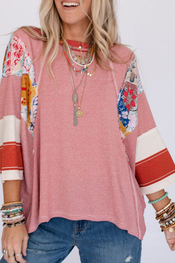 Striped Floral Patchwork Round Neck Top 