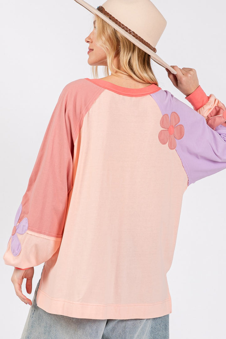 SAGE + FIG Full Size Daisy Applique Patch Color Block Long Sleeve Top 