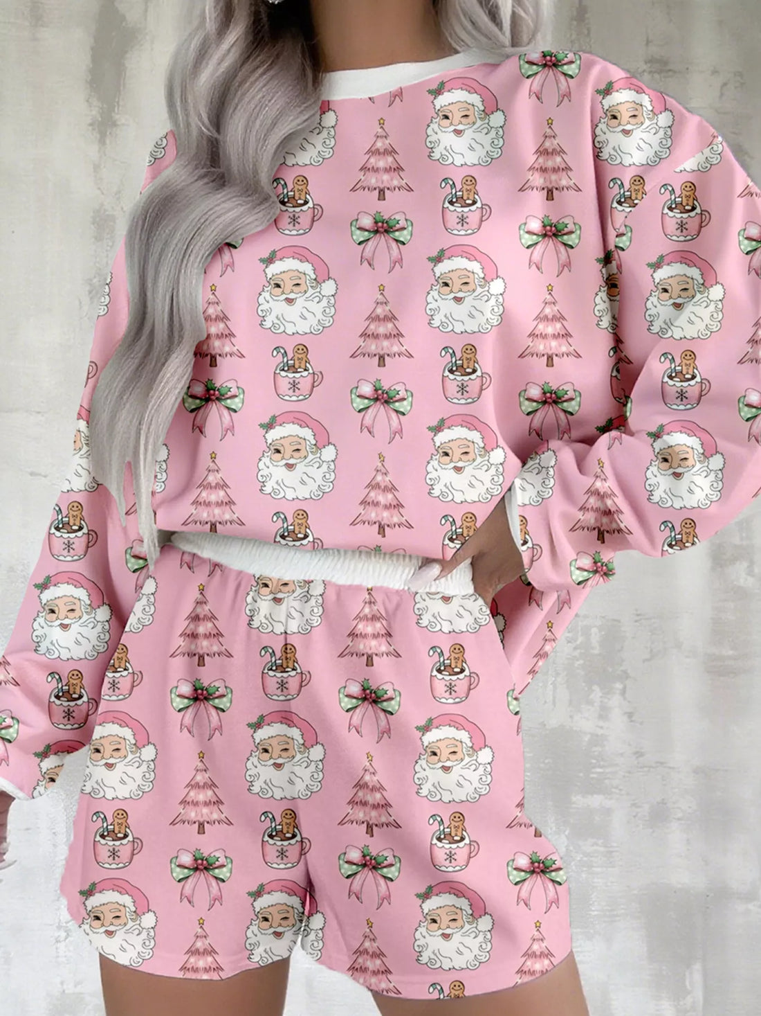Christmas Santa Print Round Neck Top and Shorts Lounge Set Lingerie & Nightwear