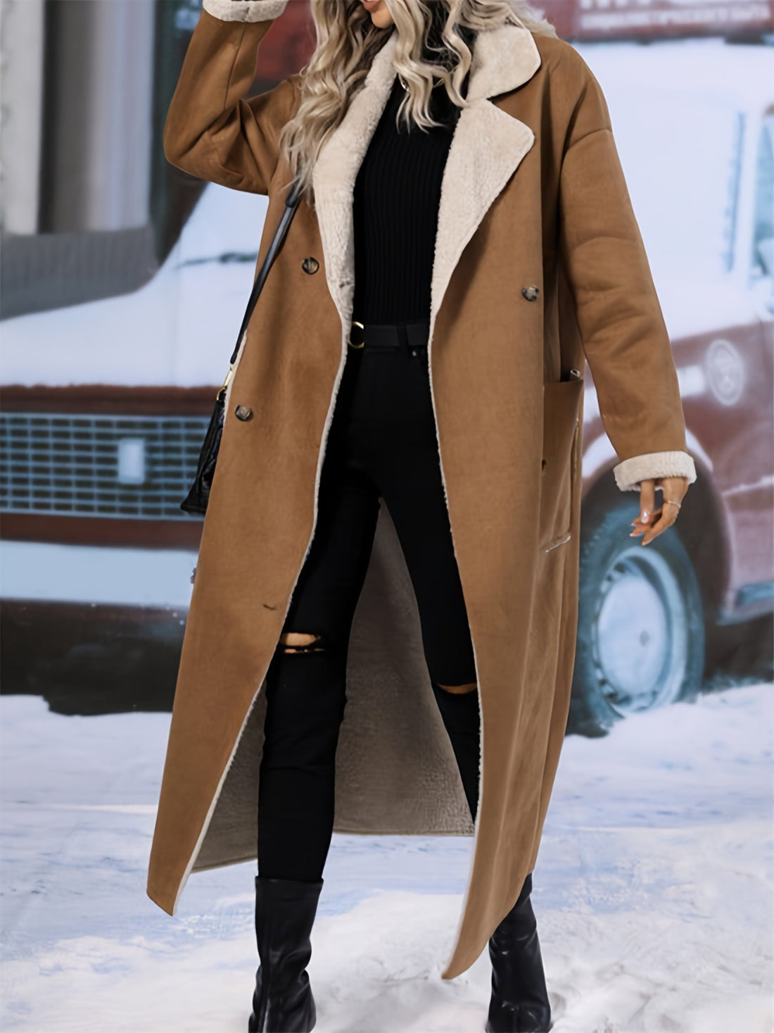 Plus Size Drop Shoulder Sherpa Longline Coat 