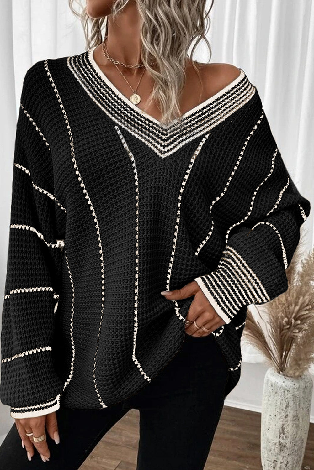 Black Colorblock Striped V Neck Knitted Loose Sweater Sweaters & Cardigans/Sweaters