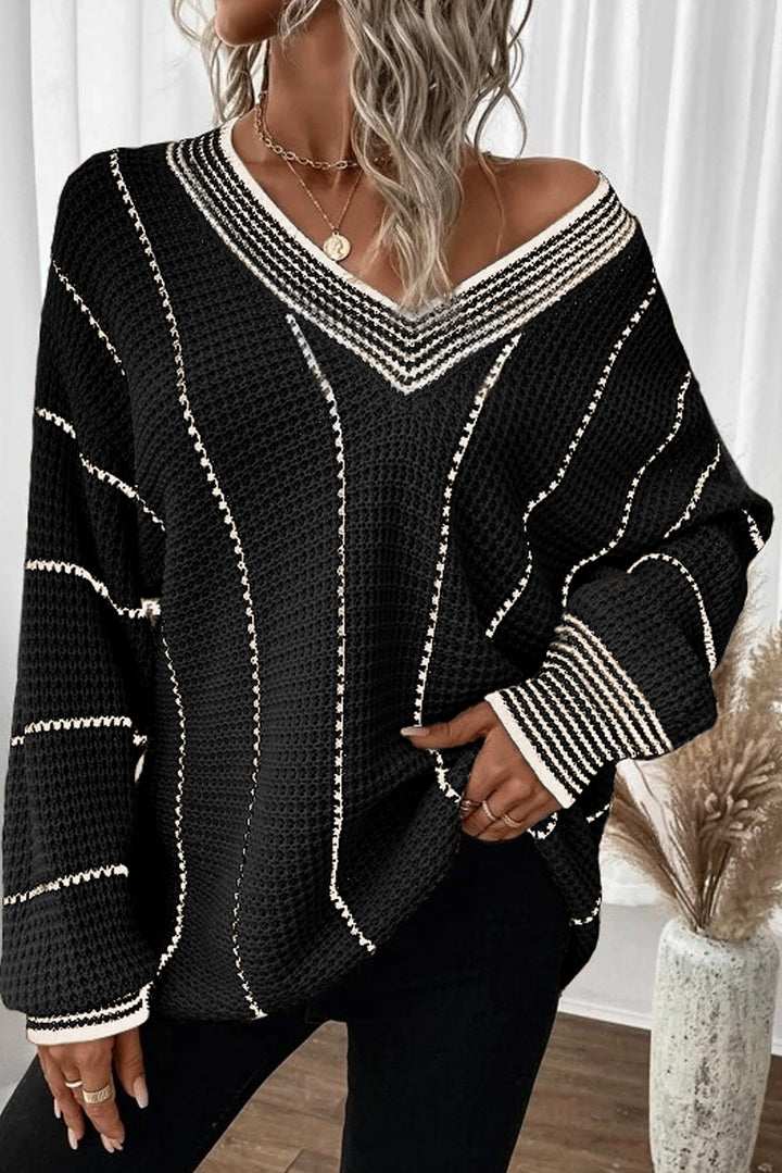 Black Colorblock Striped V Neck Knitted Loose Sweater Sweaters & Cardigans/Sweaters