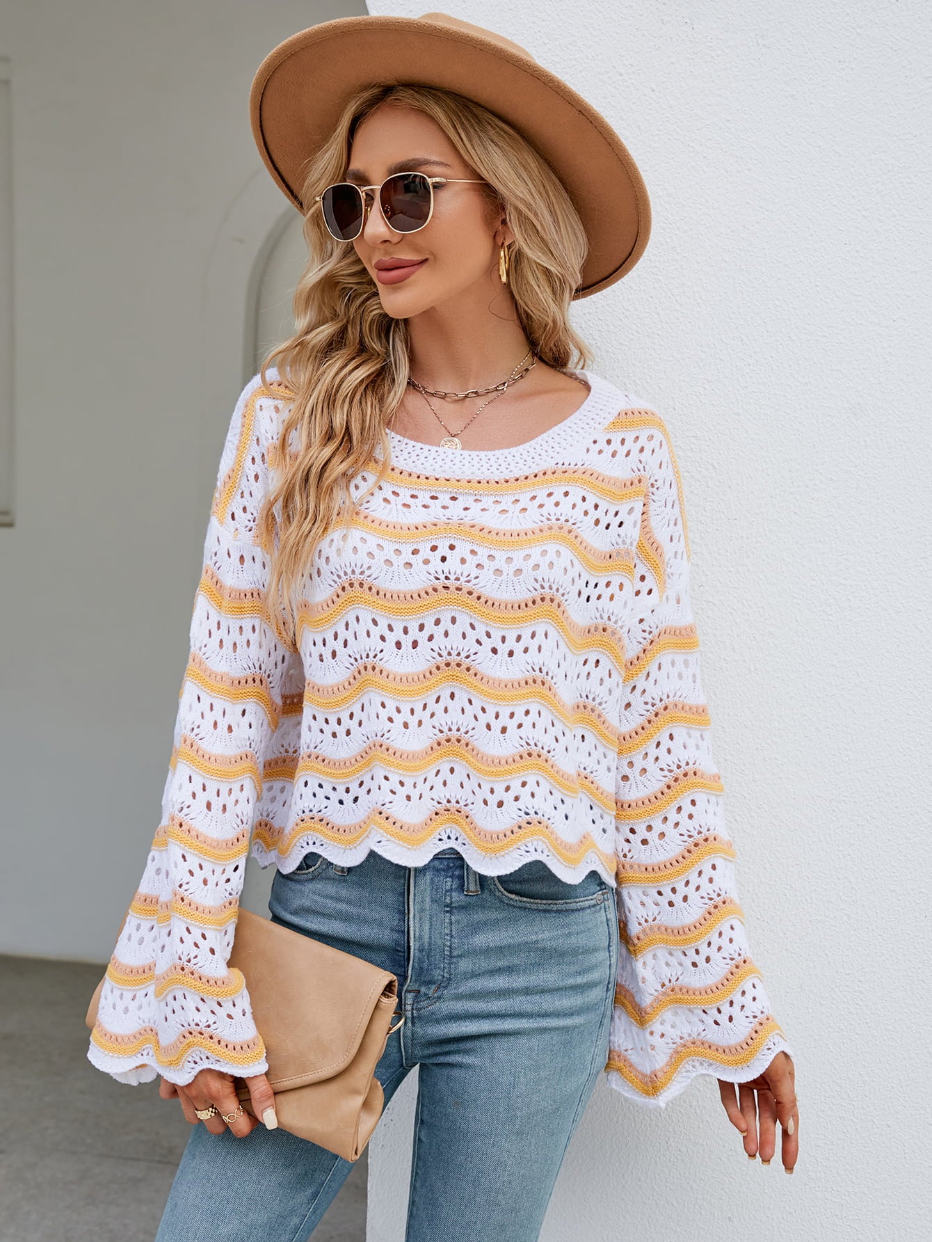 Round Neck Openwork Flare Sleeve Knit Top 