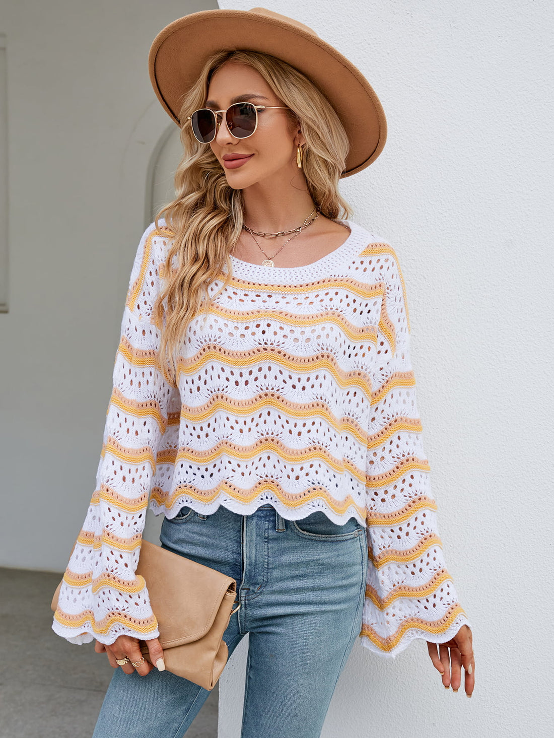 Round Neck Openwork Flare Sleeve Knit Top 