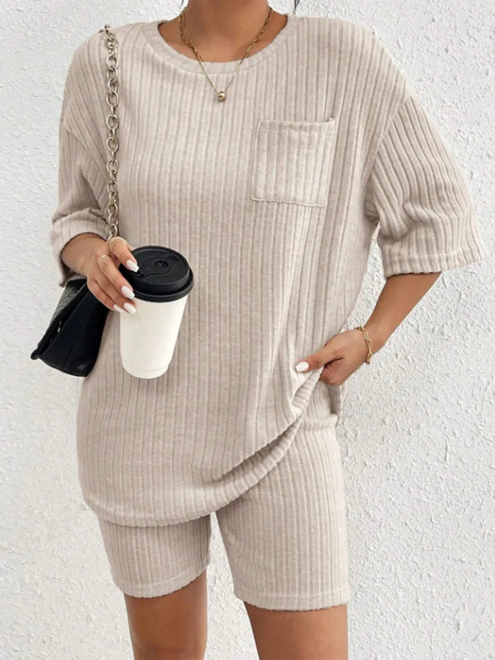 Ribbed Round Neck Top and Shorts Set Two Piece Dresses