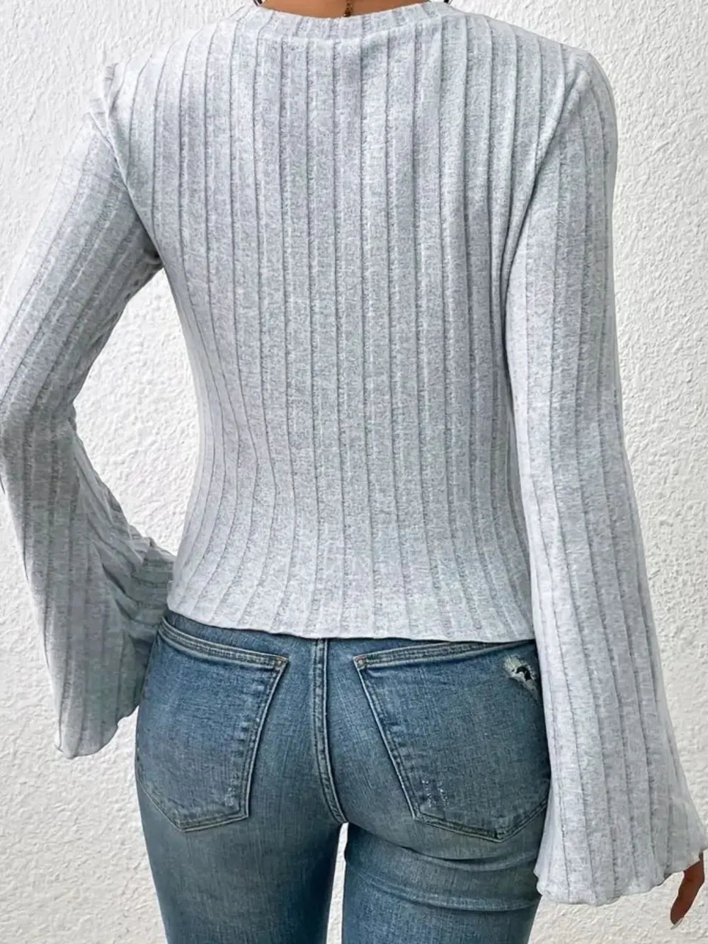 Ribbed Round Neck Flare Sleeve T-Shirt 