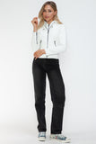 Snobbish Faux Leather Zip Up Drawstring Hooded Jacket 