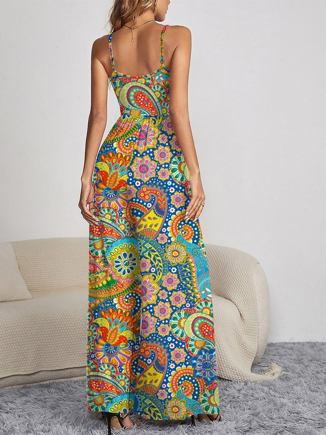 FAM-FAM Decorative Button Spaghetti Strap Wide Leg Jumpsuit 