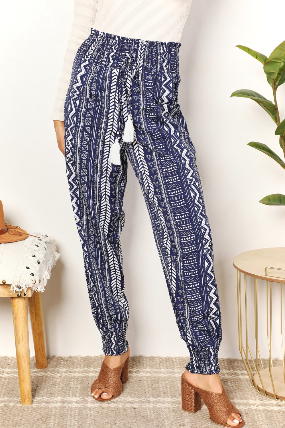 Perfee Geometric Print Tassel High-Rise Pants 