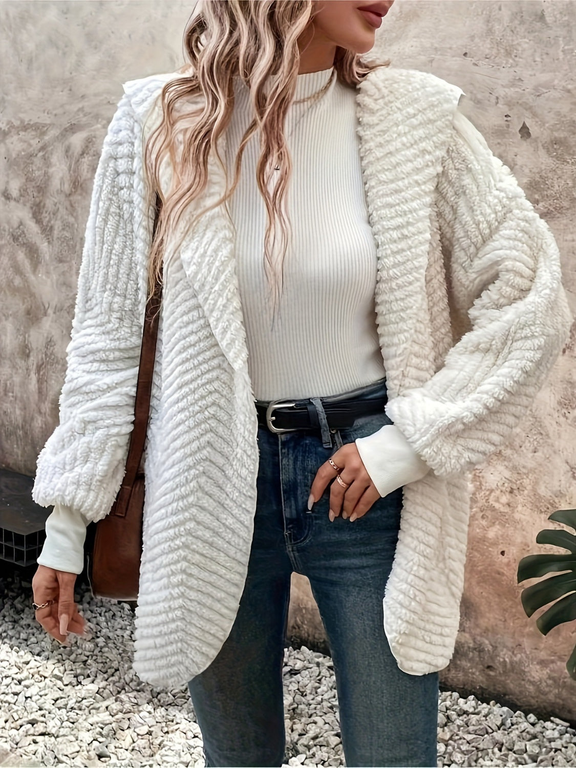 Open Front Long Sleeve Hooded Fuzzy Cardigan 