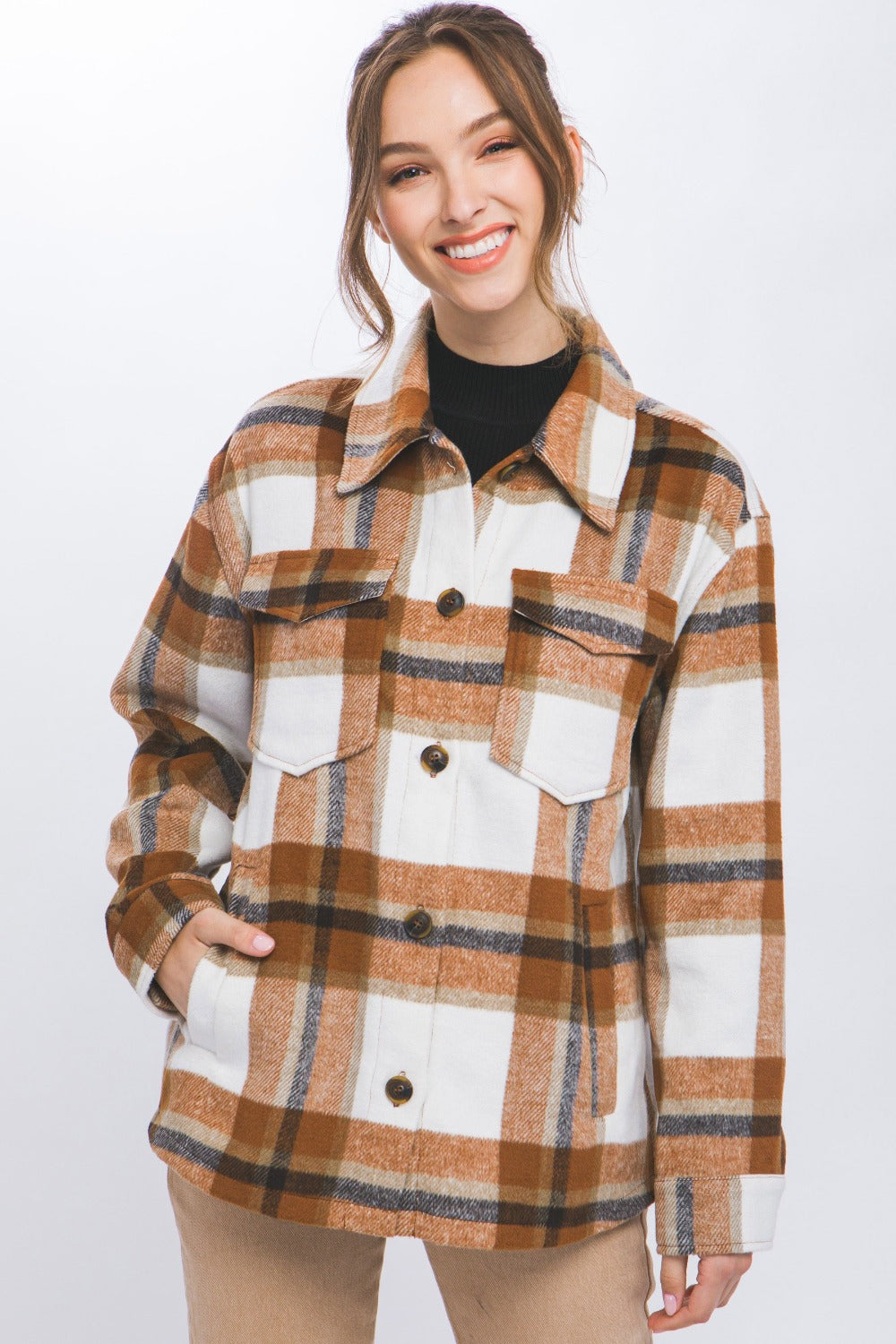 Love Tree Plaid Button Up Shacket 