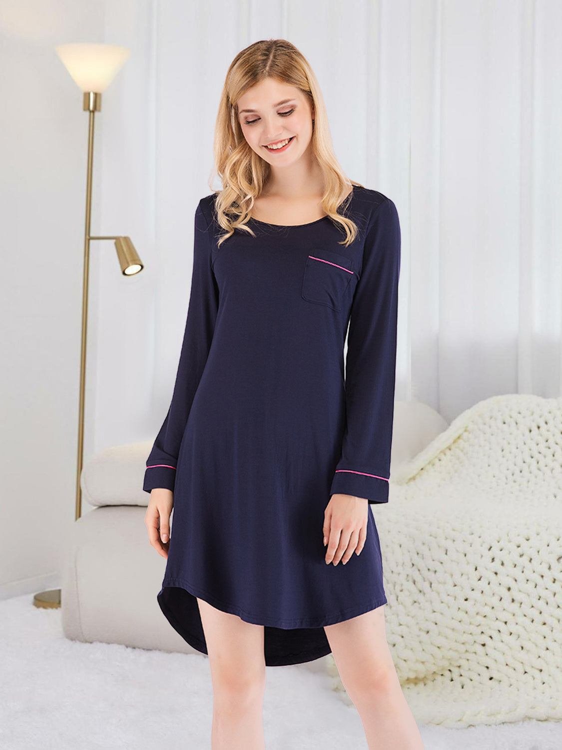 Round Neck Night Dress with Pocket 