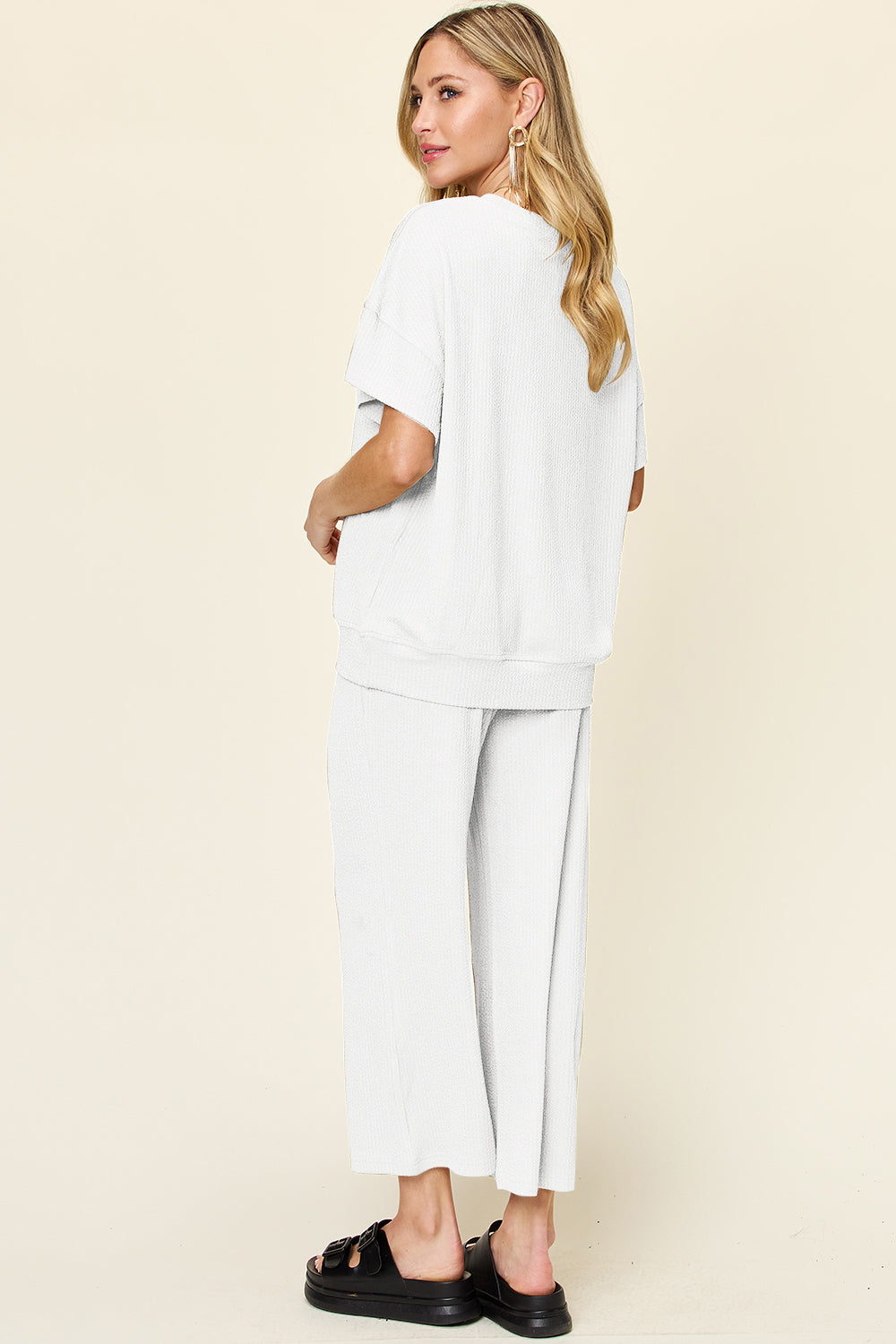 Double Take Full Size Texture Round Neck Short Sleeve T-Shirt and Wide Leg Pants 