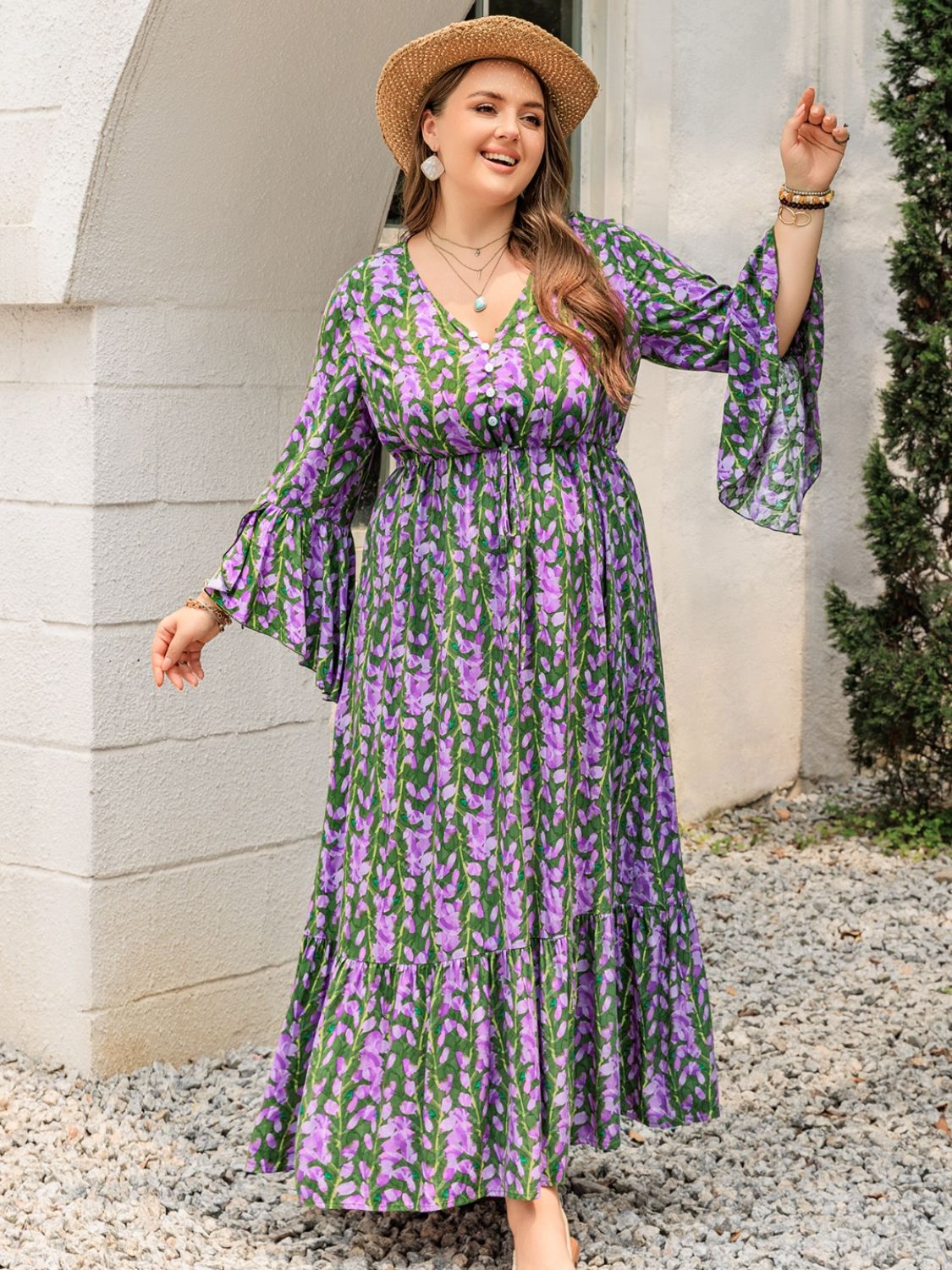Plus Size Printed V-Neck Long Sleeve Maxi Dress 