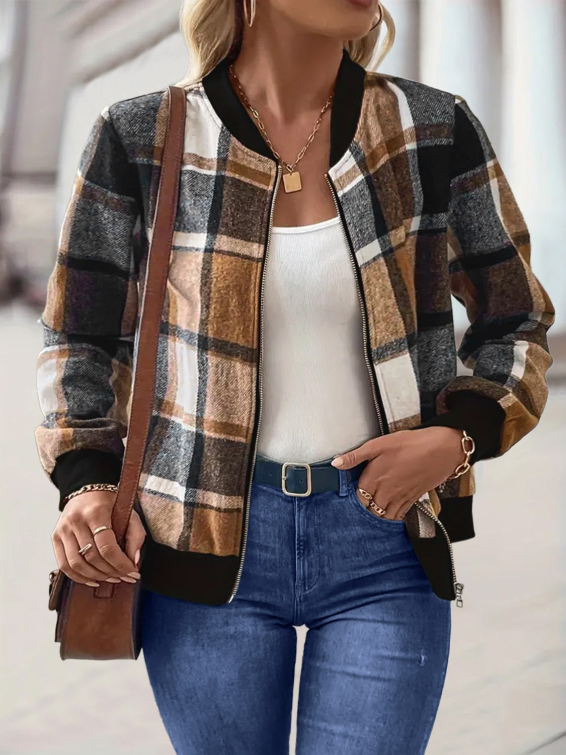 Plus Size Plaid Baseball Collar Zip Up Jacket 