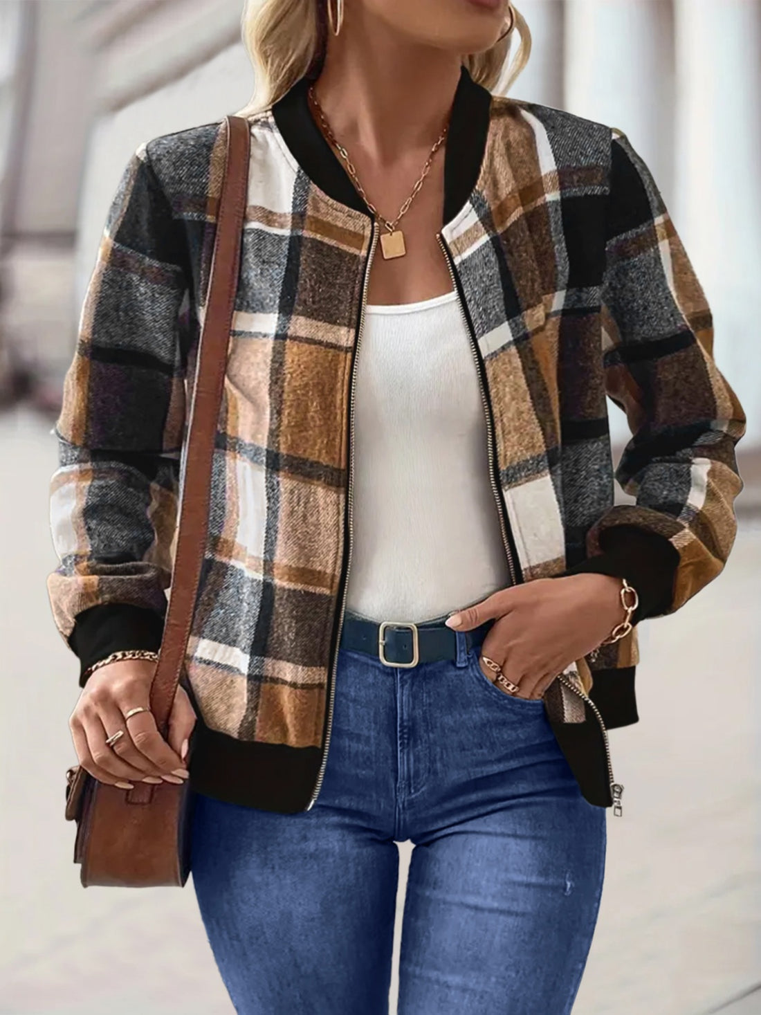 Plus Size Plaid Baseball Collar Zip Up Jacket 