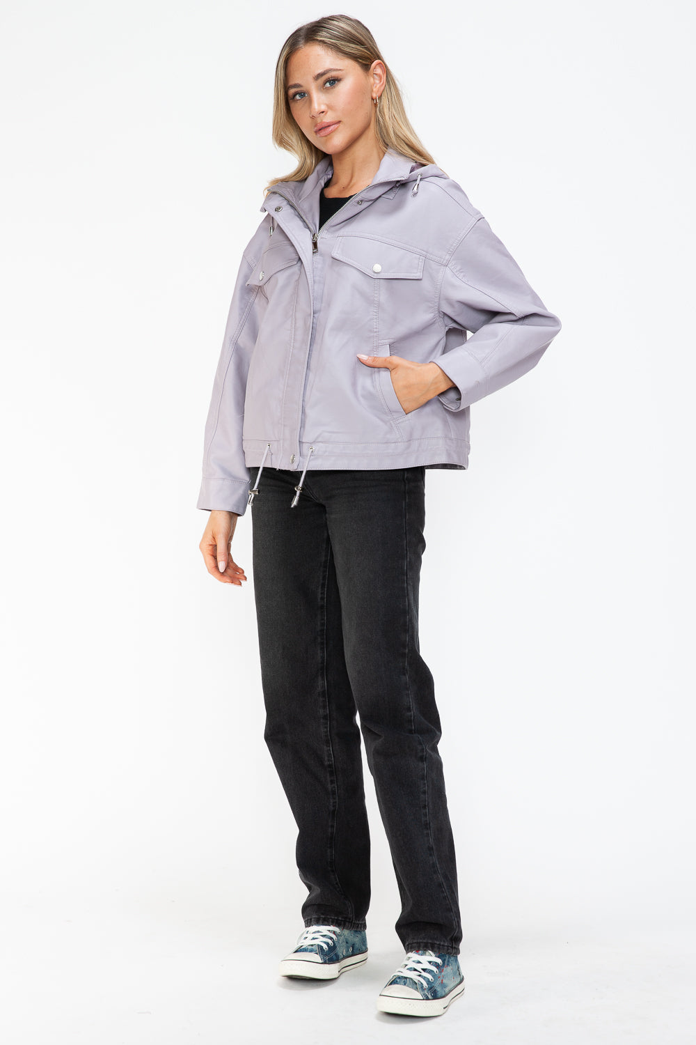 How Dare U Drawstring Hem PU Leather Zip Up Jacket 