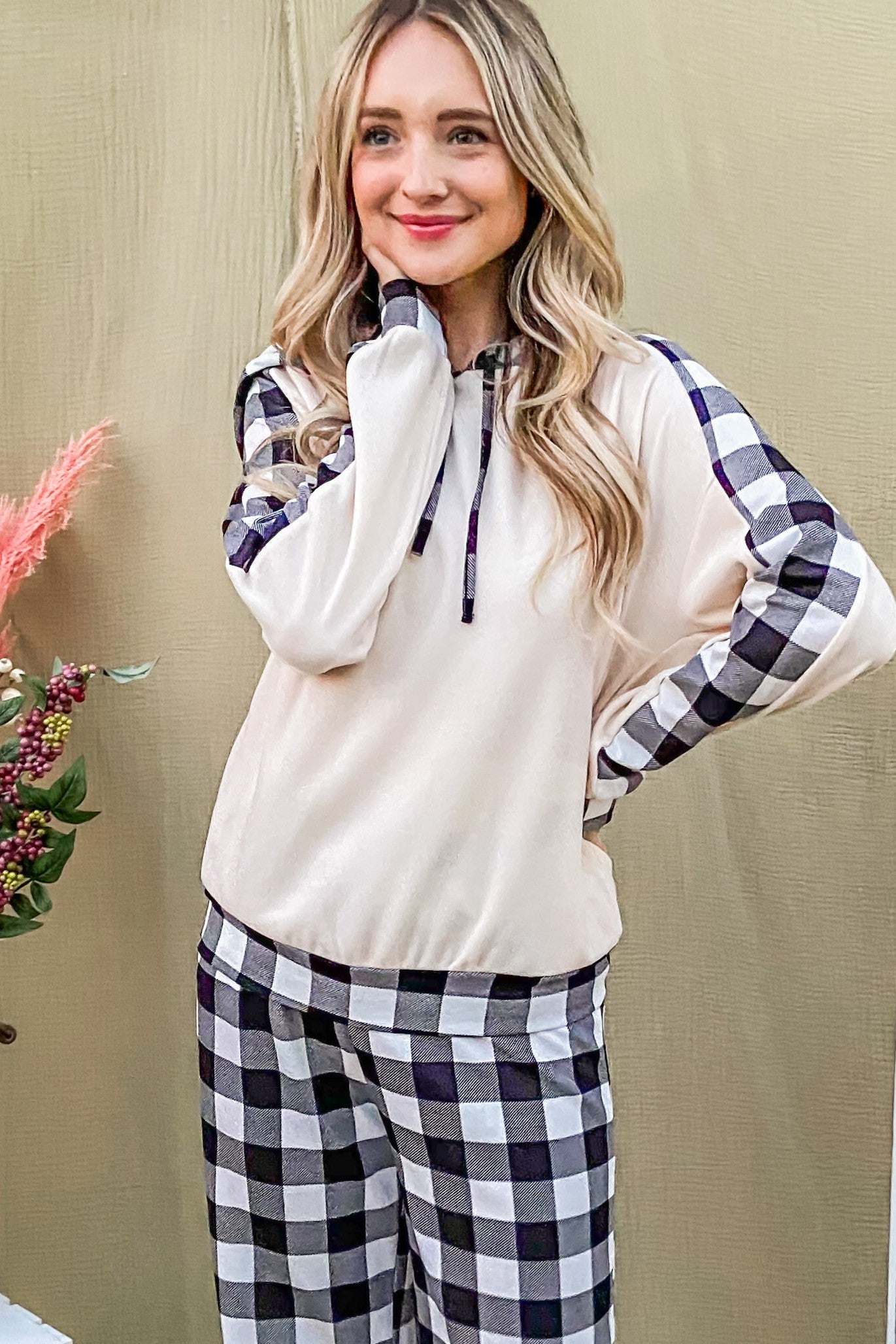 And The Why Drawstring Hooded Top and Plaid Pants Lounge Set 