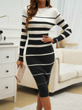 Devine Color Block Round Neck Long Sleeve Midi Dress 